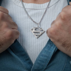 Large CZ Superman Logo Silver Pendant