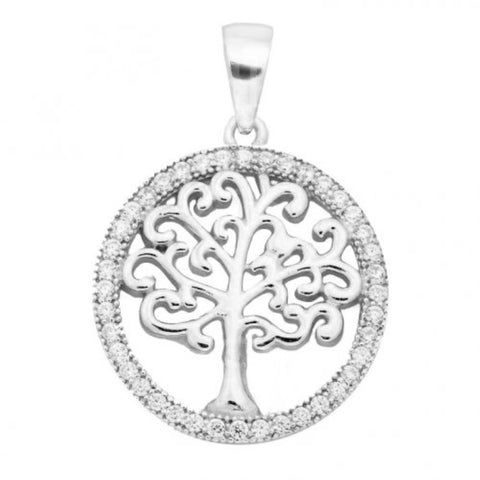 Silver Plain Tree of Life CZ Diamond Pendant