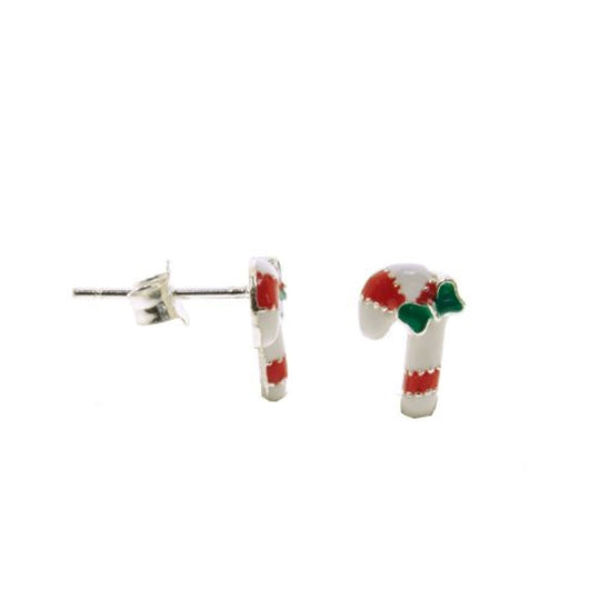 Enamel Candy Cane Christmas Studs Sterling Silver