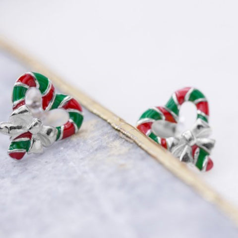 Heart shape Christmas Candy Canes Studs Sterling Silver