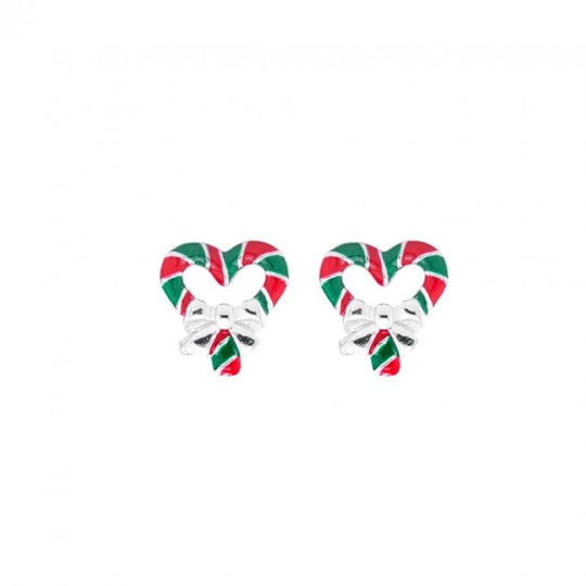 Heart shape Christmas Candy Canes Studs Sterling Silver