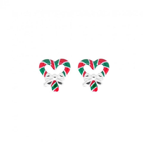 Heart shape Christmas Candy Canes Studs Sterling Silver