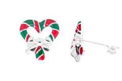 Heart shape Christmas Candy Canes Studs Sterling Silver