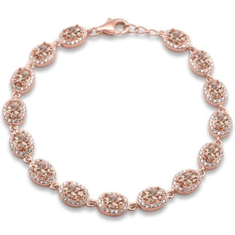 Elegant Morganite CZ Oval Halo Bracelet Sterling Silver