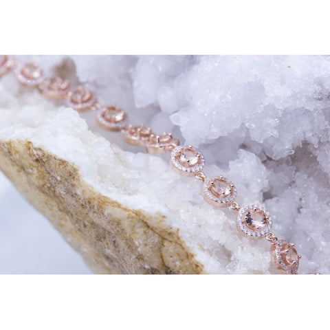 Halo Round Morganite CZ Diamond Bracelet in Sterling Silver